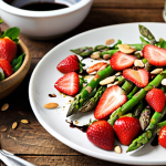 **

"Asparagus salad with strawberries and toasted almonds, vibrant colors, fresh ingredients, balsamic glaze drizzle, rustic table setting, spring atmosphere, focus on textures."

**