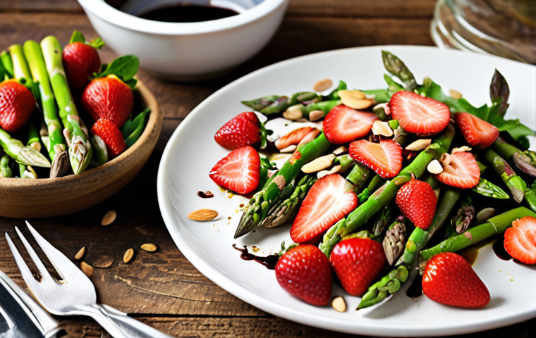 **
"Asparagus salad with strawberries and toasted almonds, vibrant colors, fresh ingredients, balsamic glaze drizzle, rustic table setting, spring atmosphere, focus on textures."
**