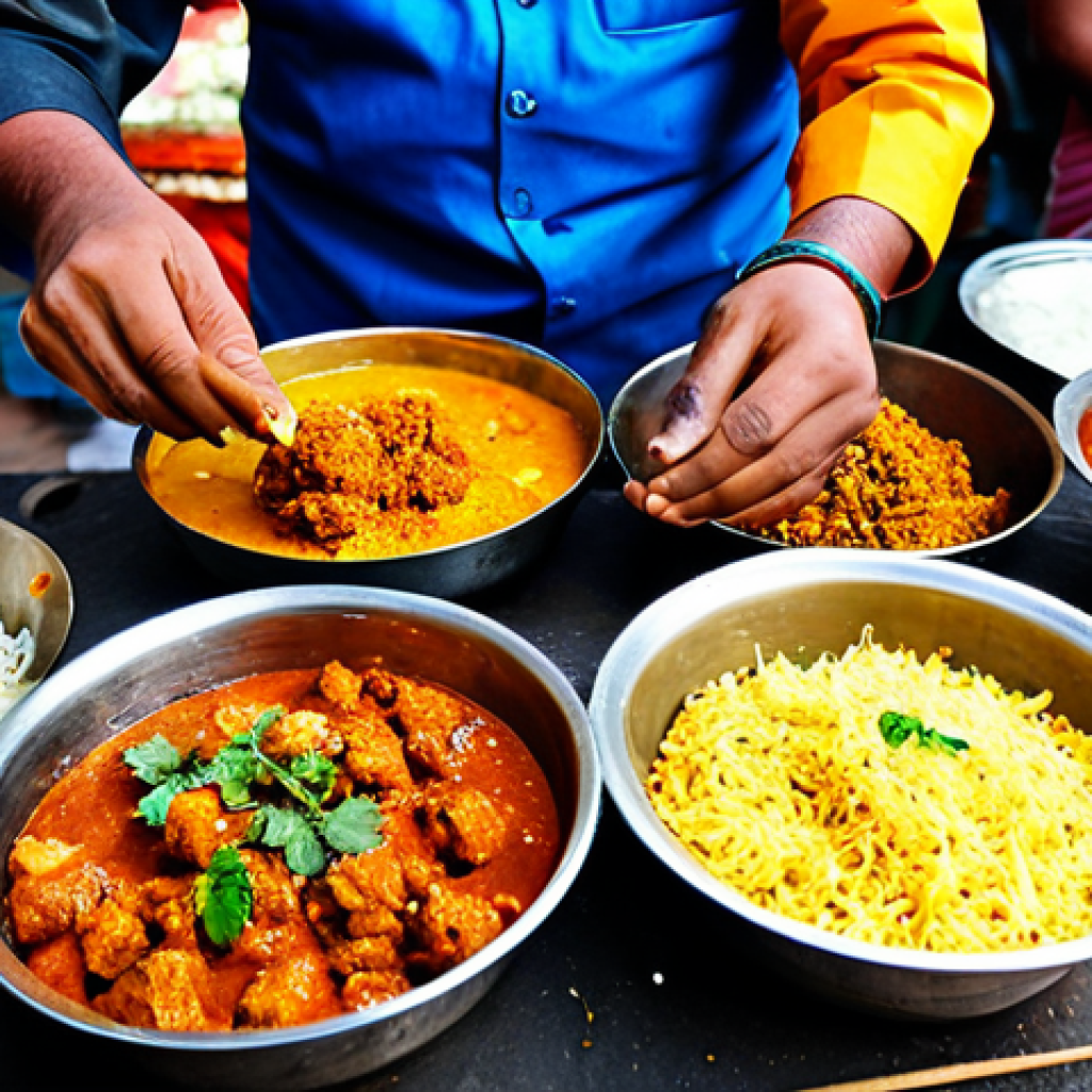 Vibrant Indian Street Food Scene**

"A bustling Indian street food market, featuring colorful spices and aromatic dishes. Focus on a vendor preparing "Vindaloo" with pork.  Fully clothed individuals are enjoying the food. Safe for work, appropriate content, professional food photography, perfect anatomy, natural proportions, family-friendly atmosphere, modest clothing, well-formed hands, proper finger count. Diwali festival."

**