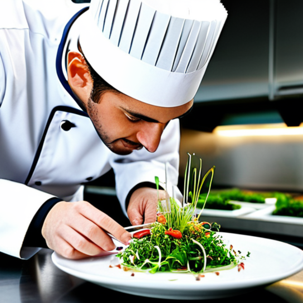 Modern Chef Presentation**

"A professional chef in a fully clothed, crisp white uniform, carefully plating a vibrant dish with microgreens in a modern, well-lit kitchen. Appropriate attire, safe for work. Perfect anatomy, correct proportions, natural pose. High-resolution, professional food photography, family-friendly."

**