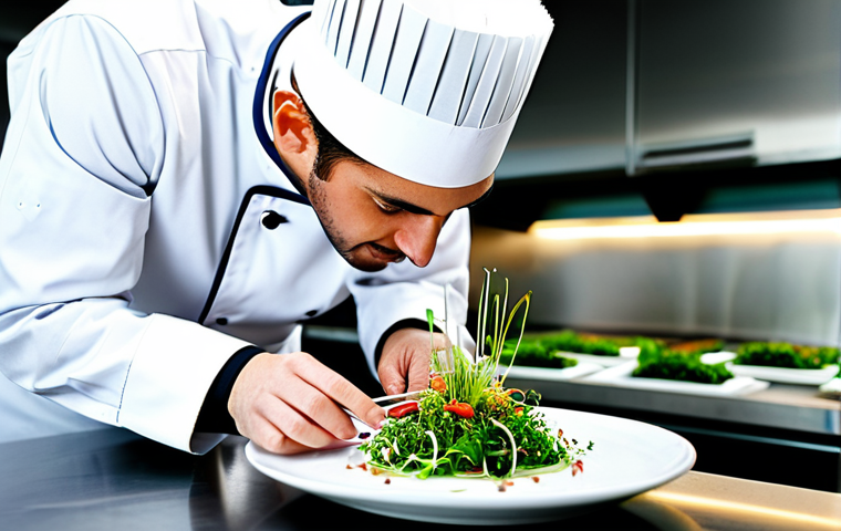 Modern Chef Presentation**

"A professional chef in a fully clothed, crisp white uniform, carefully plating a vibrant dish with microgreens in a modern, well-lit kitchen. Appropriate attire, safe for work. Perfect anatomy, correct proportions, natural pose. High-resolution, professional food photography, family-friendly."

**