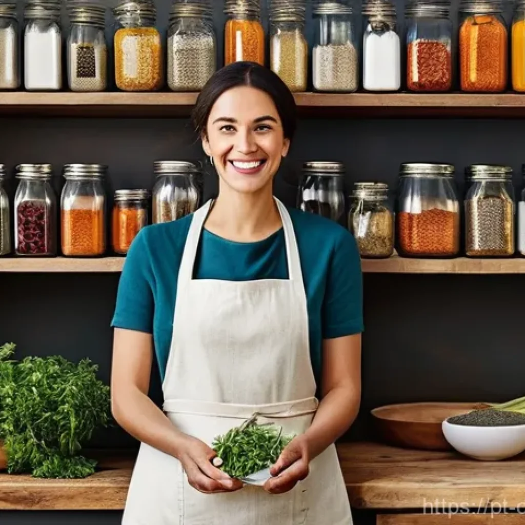 식재료 활용  초대 요리의 비밀 - **Culinary Alchemist's Pantry:** A brightly lit, rustic kitchen pantry, meticulously organized with ...