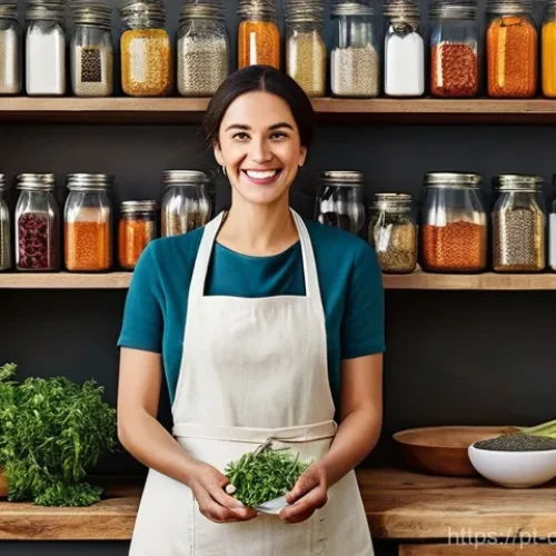 식재료 활용  초대 요리의 비밀 - **Culinary Alchemist's Pantry:** A brightly lit, rustic kitchen pantry, meticulously organized with ...