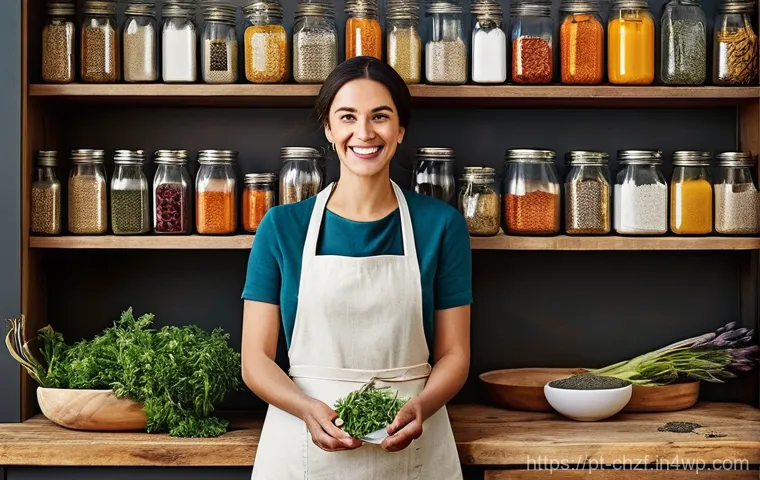 식재료 활용  초대 요리의 비밀 - **Culinary Alchemist's Pantry:** A brightly lit, rustic kitchen pantry, meticulously organized with ...