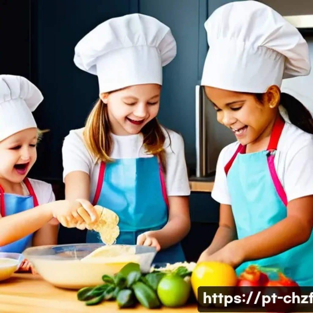 식재료 활용 요리  어린이에게 가르치는 법 - **Prompt:** A group of cheerful children, aged 5-9, dressed in colorful aprons over their everyday c...
