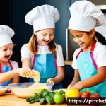 식재료 활용 요리  어린이에게 가르치는 법 - **Prompt:** A group of cheerful children, aged 5-9, dressed in colorful aprons over their everyday c...