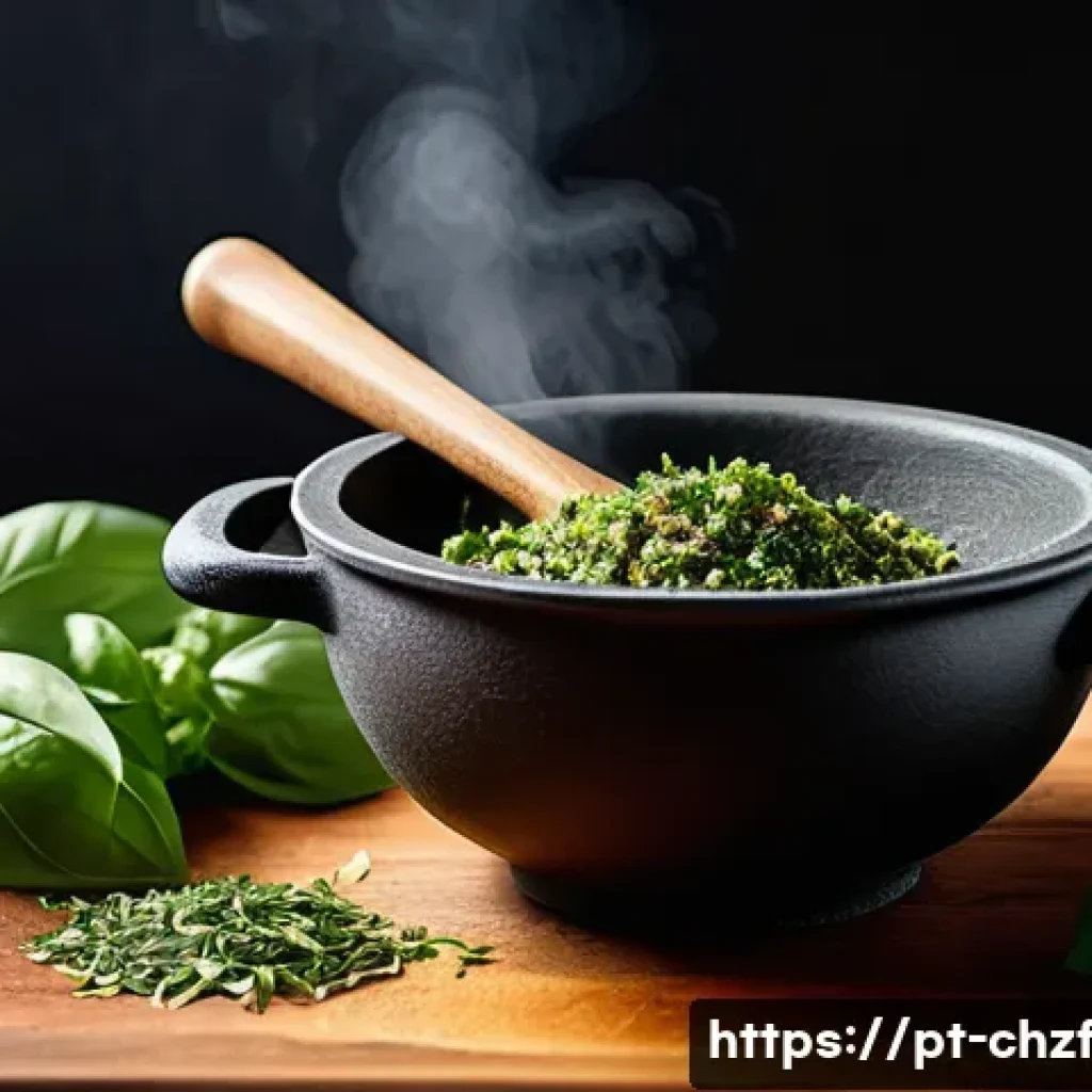 식재료를 활용한 나만의 요리 노하우 - A vibrant kitchen scene featuring a rustic wooden table with freshly chopped basil leaves scattered ...