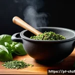 식재료를 활용한 나만의 요리 노하우 - A vibrant kitchen scene featuring a rustic wooden table with freshly chopped basil leaves scattered ...