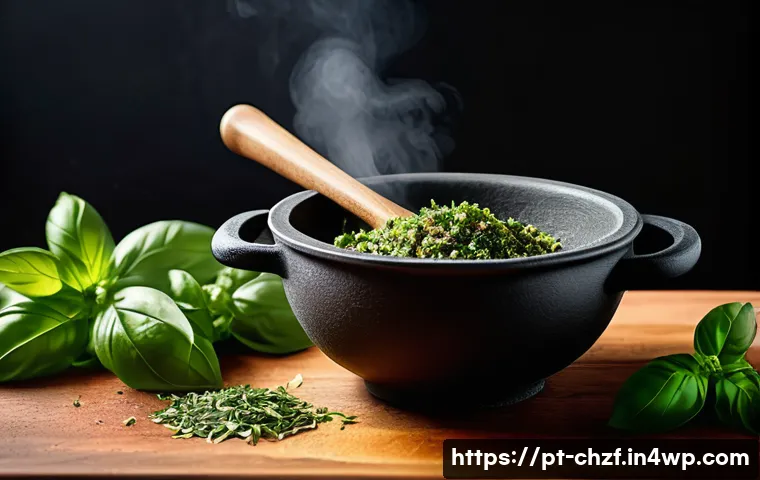 식재료를 활용한 나만의 요리 노하우 - A vibrant kitchen scene featuring a rustic wooden table with freshly chopped basil leaves scattered ...