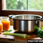 Home 21 남은 식재료로 만드는 간단한 국물 요리 - A rustic kitchen scene with fresh homemade vegetable broth preparation: vibrant carrot peels, celery...