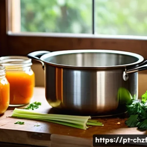 Home 33 남은 식재료로 만드는 간단한 국물 요리 - A rustic kitchen scene with fresh homemade vegetable broth preparation: vibrant carrot peels, celery...