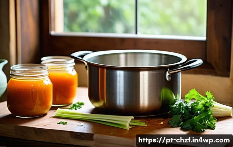 남은 식재료로 만드는 간단한 국물 요리 - A rustic kitchen scene with fresh homemade vegetable broth preparation: vibrant carrot peels, celery...