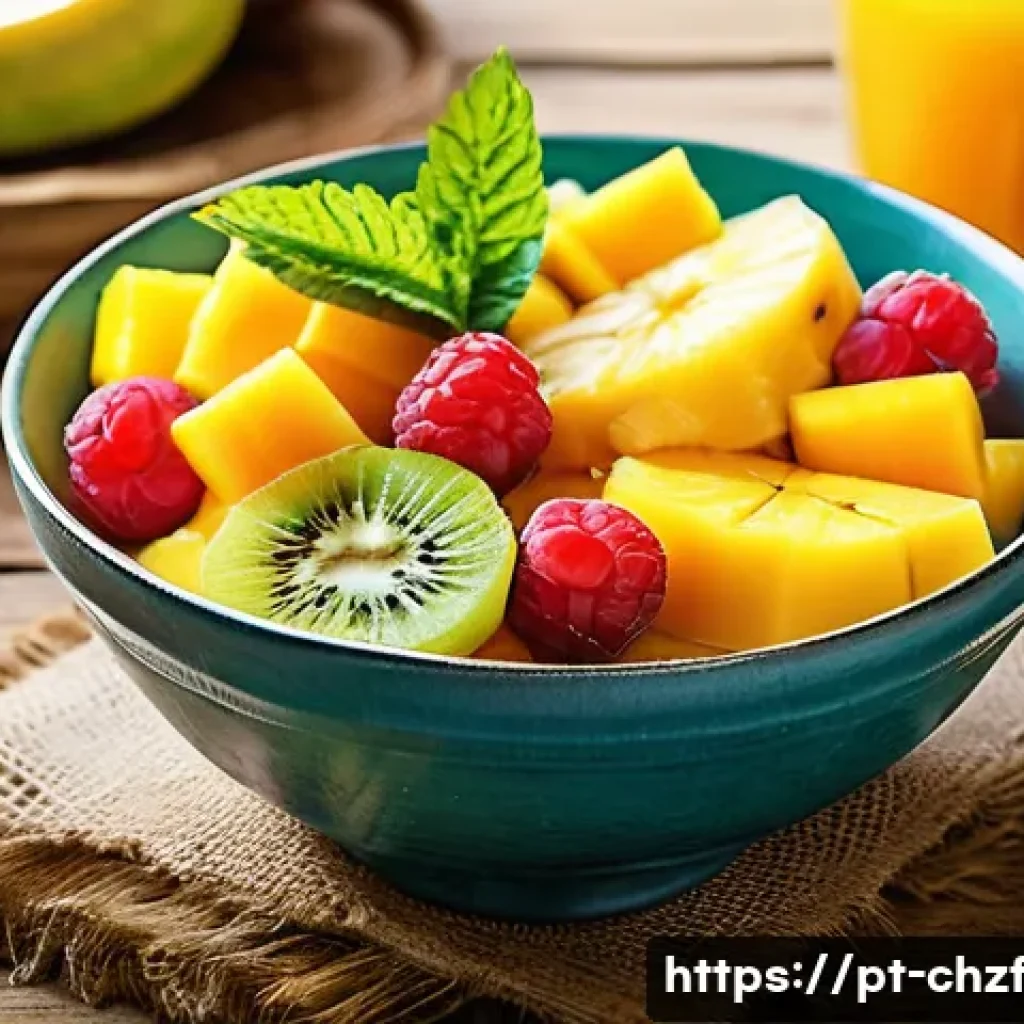 식재료 활용으로 만드는 특별한 아침 메뉴 - A vibrant tropical breakfast scene featuring a colorful fruit bowl with fresh mango slices, pineappl...