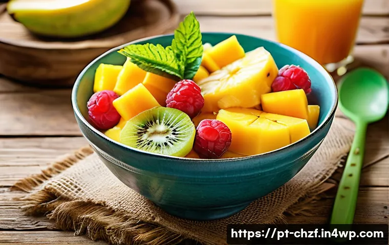식재료 활용으로 만드는 특별한 아침 메뉴 - A vibrant tropical breakfast scene featuring a colorful fruit bowl with fresh mango slices, pineappl...