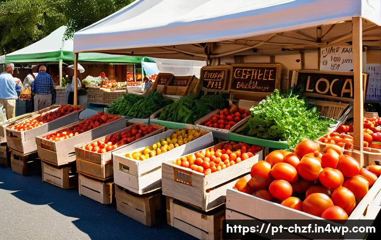 식재료 활용 요리사의 경험 공유하기 - A vibrant local farmer's market scene in a sunny summer setting, showcasing freshly harvested ripe t...