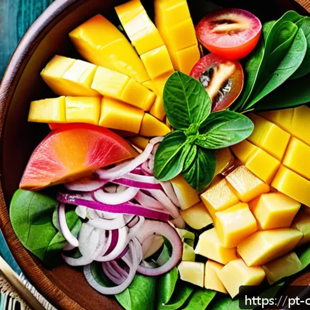 식재료 활용으로 만든 특별한 음식 조합 - A vibrant tropical salad bowl on a rustic wooden table, featuring fresh green lettuce leaves, juicy ...