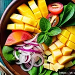 Home 18 식재료 활용으로 만든 특별한 음식 조합 - A vibrant tropical salad bowl on a rustic wooden table, featuring fresh green lettuce leaves, juicy ...