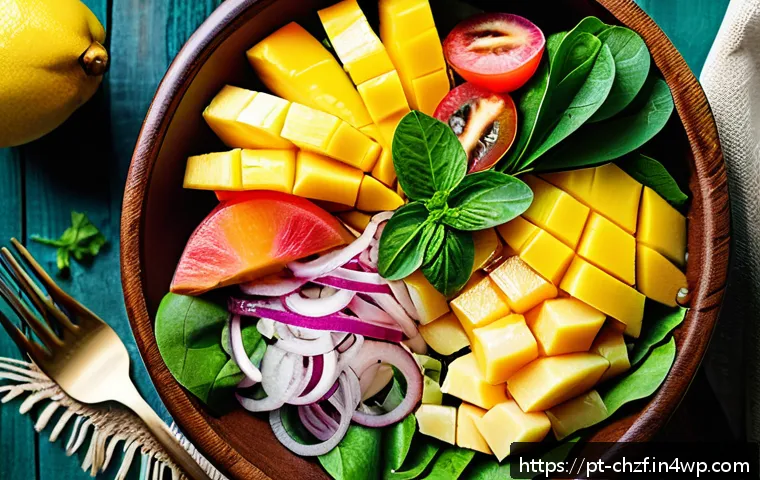 식재료 활용으로 만든 특별한 음식 조합 - A vibrant tropical salad bowl on a rustic wooden table, featuring fresh green lettuce leaves, juicy ...