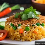 Home 23 남은 재료로 만드는 맛있는 반찬 - A vibrant and appetizing close-up of a golden crispy rice cake plate, featuring perfectly fried rice...