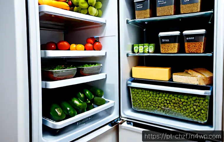 Home 17 식재료 활용을 위한 냉장고 정리 방법 - Photorealistic organized refrigerator interior in a Portuguese family kitchen, clear glass container...