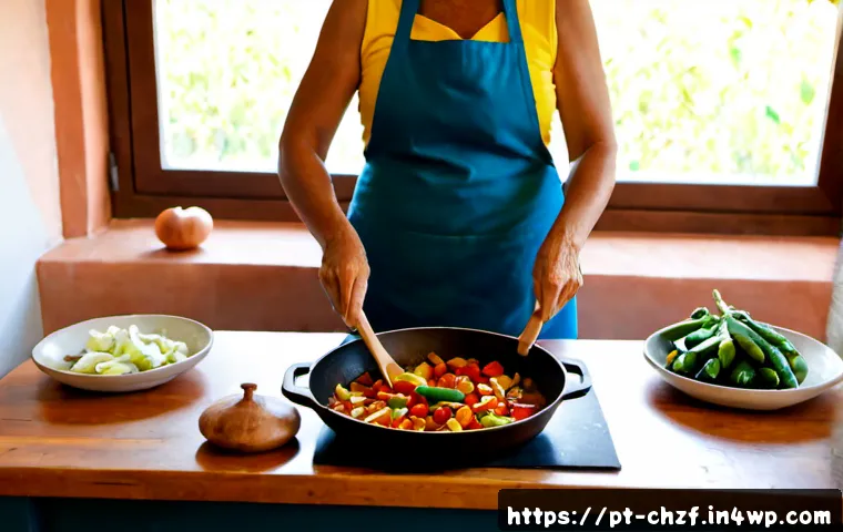 Home 17 식재료 활용으로 맛있는 홈메이드 요리 만들기 - Photorealistic bright Portuguese home kitchen, a middle-aged woman preparing a colorful homemade veg...