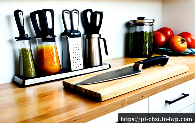 Home 17 식재료 활용을 위한 요리 도구 추천 - Photorealistic bright home kitchen in Portugal, organized wooden countertop displaying essential ing...